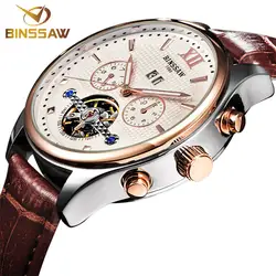 Binssaw Tourbillon Автоматическая Для мужчин механические часы Роскошные Для мужчин S Бизнес кожа наручные Часы Orologio Uomo roseold Reloj Hombre