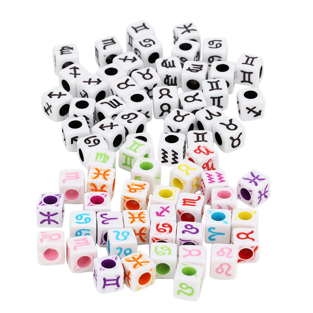 100pcs Acrylic Zodiac Cube Beads Charms Large Hole Beads for jewelry making, Bracelets, Necklaces, Key Chains and DIY Craft