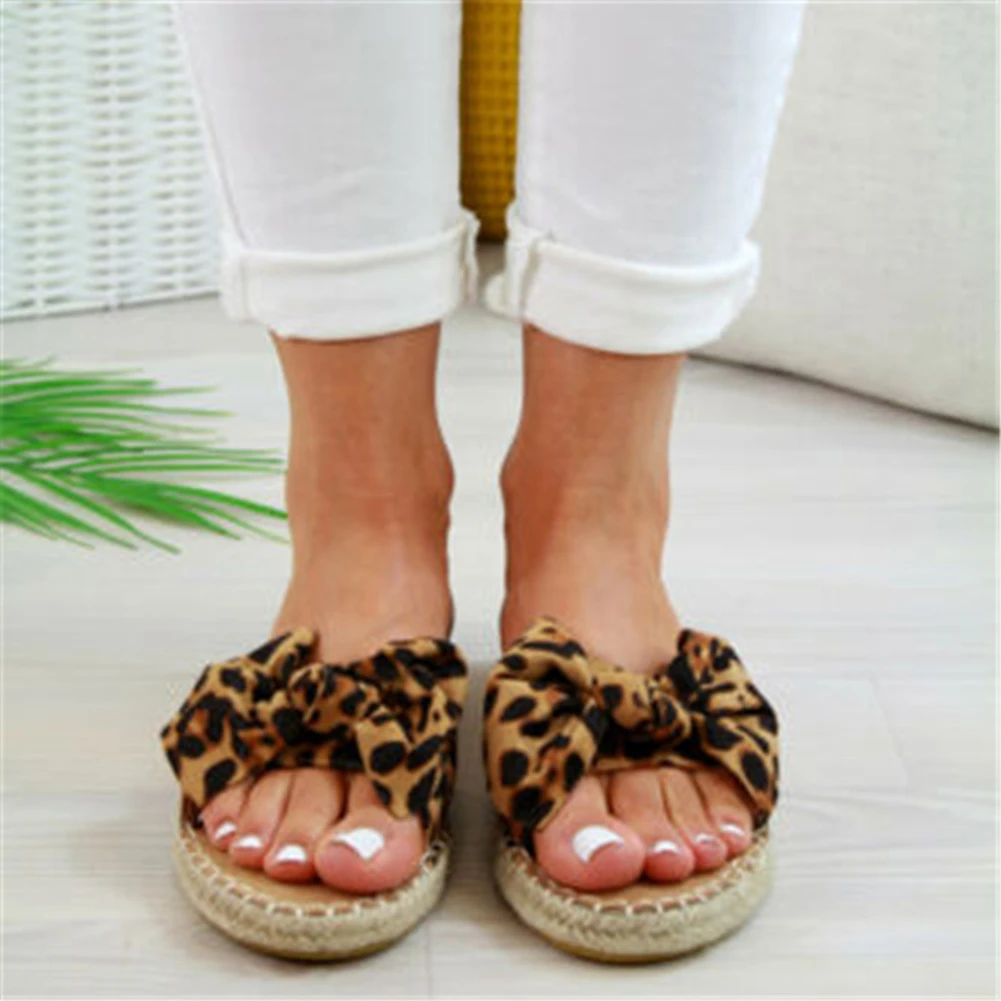 Sandalias con lazo para mujer, zapatos de playa de esparto y lino de leopardo, alpargata, 2019|Zapatillas| - AliExpress