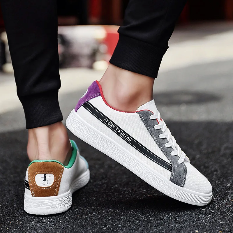 2019 الربيع و الخريف جديد عارضة تنفس حذاء قماش الاتجاه اللون مطابقة الدانتيل أحذية تزلج البريطانية البرية أحذية رجالي