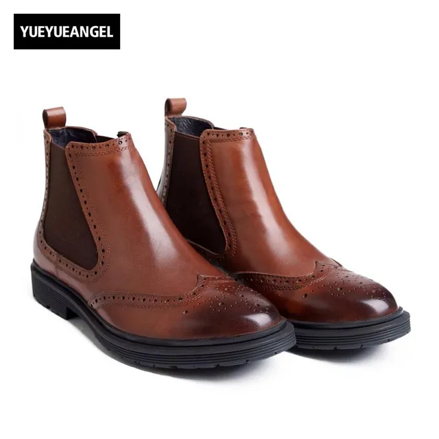 2018 New Brogue Mens Office Work Chelsea Boots Wing Tip Slip On 2018 New Brogue Mens Office Work Chelsea Boots Wing Tip Slip On Genuine Leather Male Top