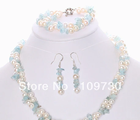 

Jewelry 00543 Aquamarine & White Pearl Necklace Earrings Bracelet Set