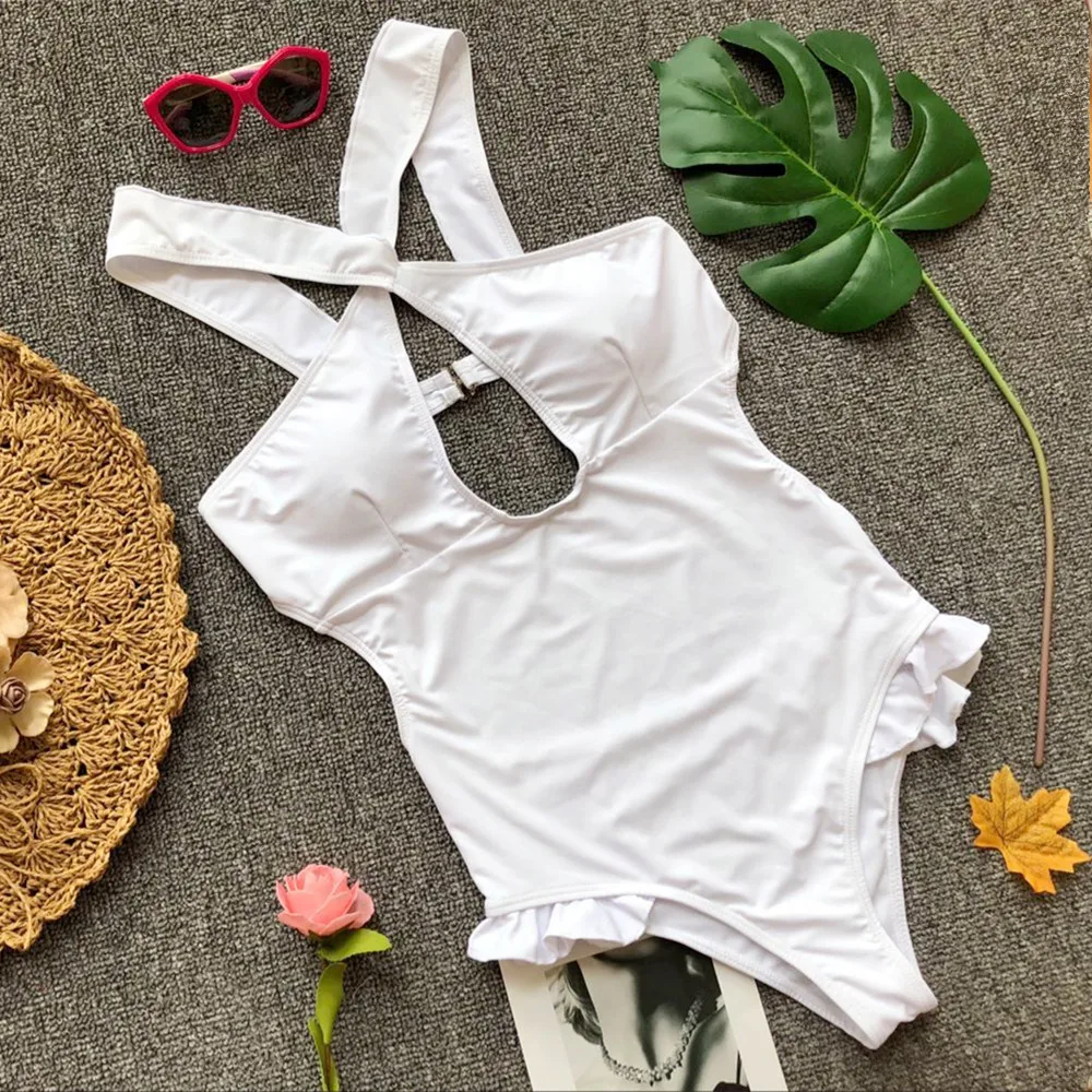 White Red One Piece Swimsuit 2018 Womens Monokini Bathing Suits Solid