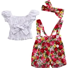Милый Летний детский хлопковый топ с короткими рукавами и открытыми плечами для маленьких девочек, футболка+ шорты с цветочным принтом, комплект одежды