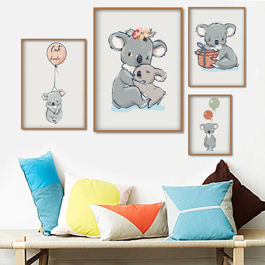 

Balloon Baby Koala Flower Mother Wall Art Canvas Painting Kids Nordic Posters And Prints Animal Wall Pictures For Living Room