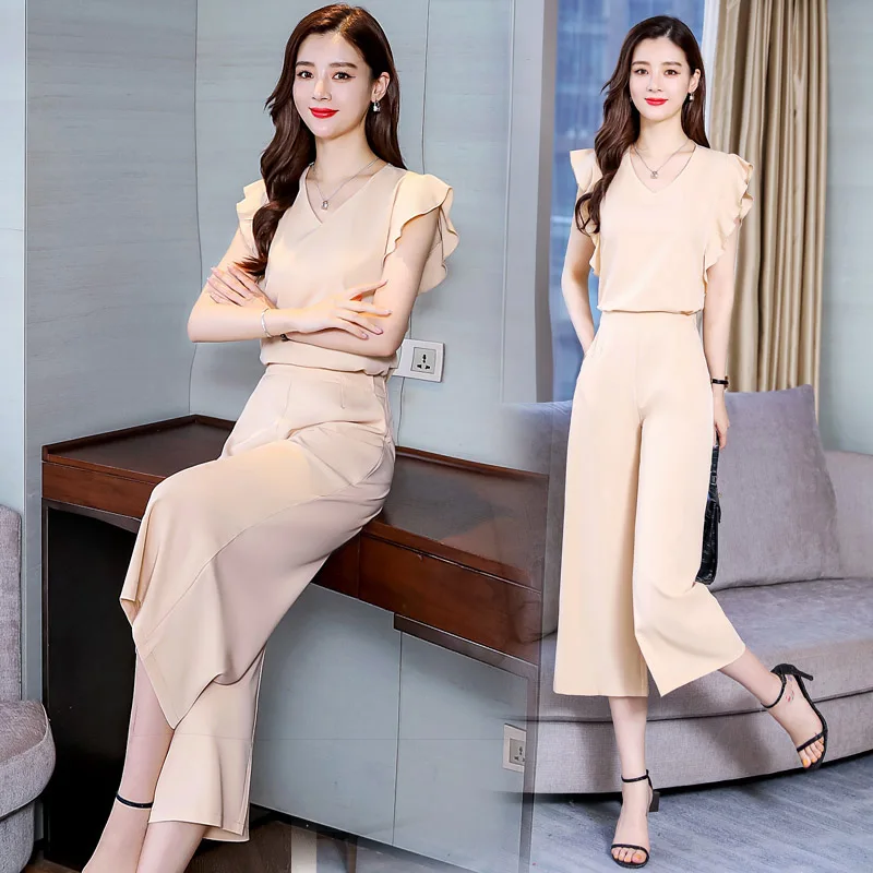 2019 New Fashion Summer Women's Two Piece Sets V-Neck solid Shirt sleeveless Tops and pants trousers suits