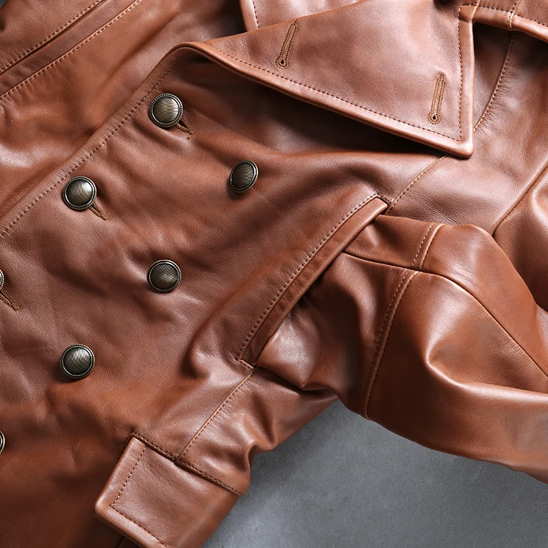 Мужская двубортная куртка из натуральной кожи коричневого цвета, приталенная мужская куртка из натуральной кожи, Стильное мужское кожаное пальто