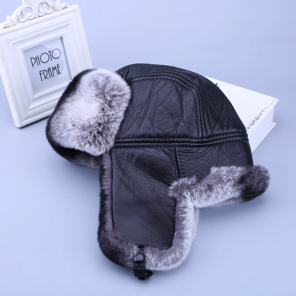 

2019 Unisex Russian Winter Warm Hat Cap Genuine Rex Rabbit Fur Sheep Skin Leather Bomber Hats Fur Ushanka Thick Soft Black Grey
