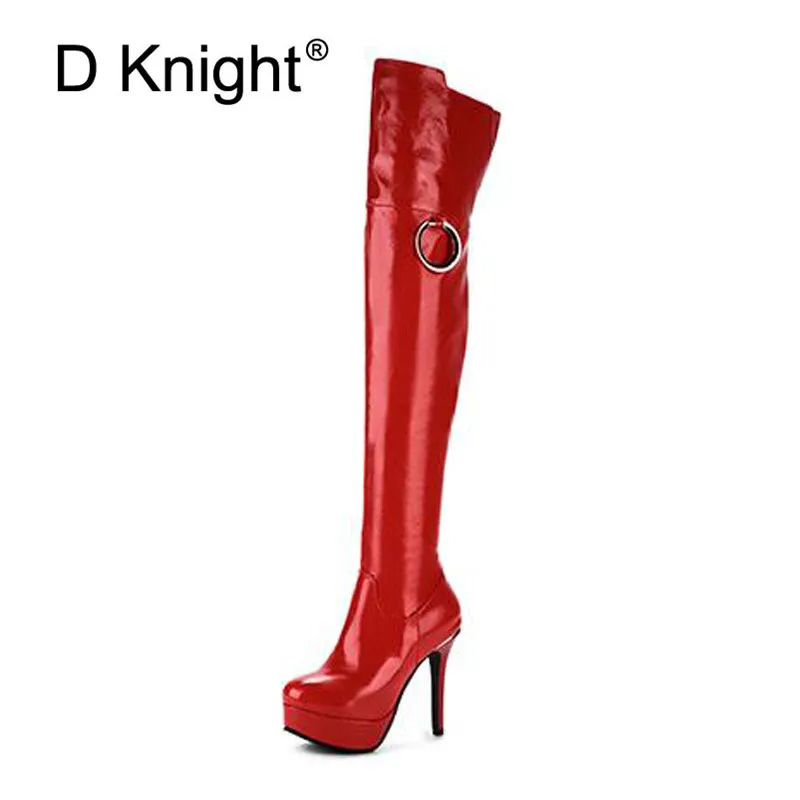 Plus Size 33-48 Women Over The Knee Boots Night Club Pole Dance Boots Patent Leather Stiletto Super High Heel Tall Women's Boots (37)