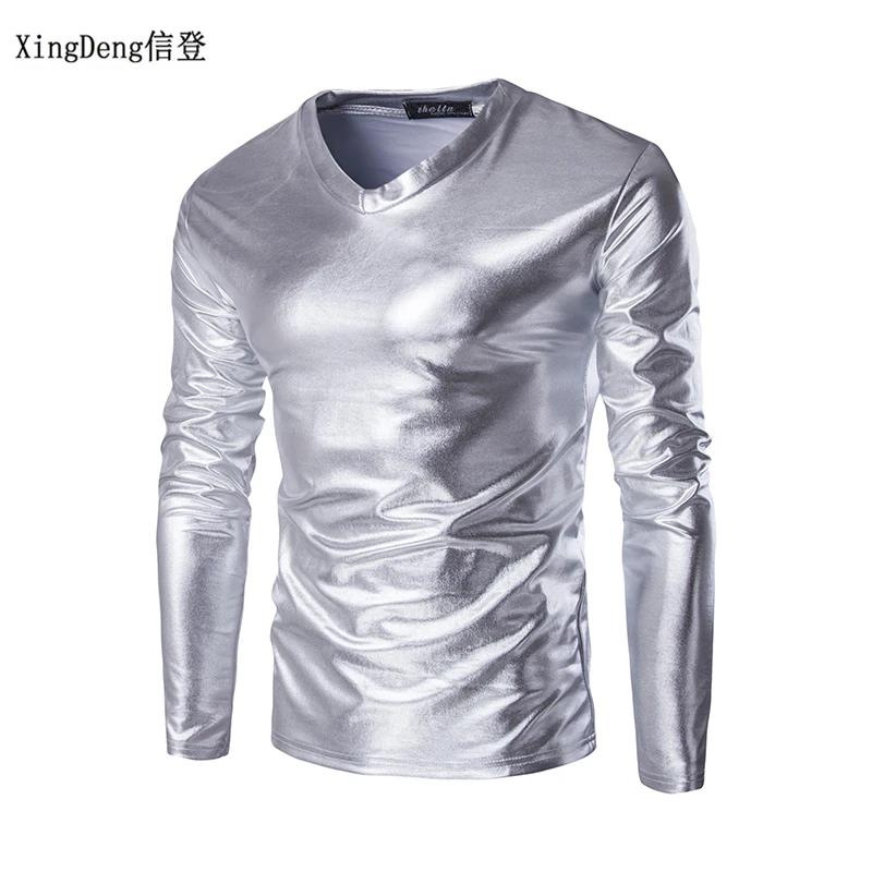 XingDeng Men's large size round collar T-shirt men's clothing spring 2018 leather sexy DJ bar TOPS and show Nightclub clothing XingDeng Men's large size round collar T-shirt men's clothing spring 2018 leather sexy DJ bar TOPS and show Nightclub clothing