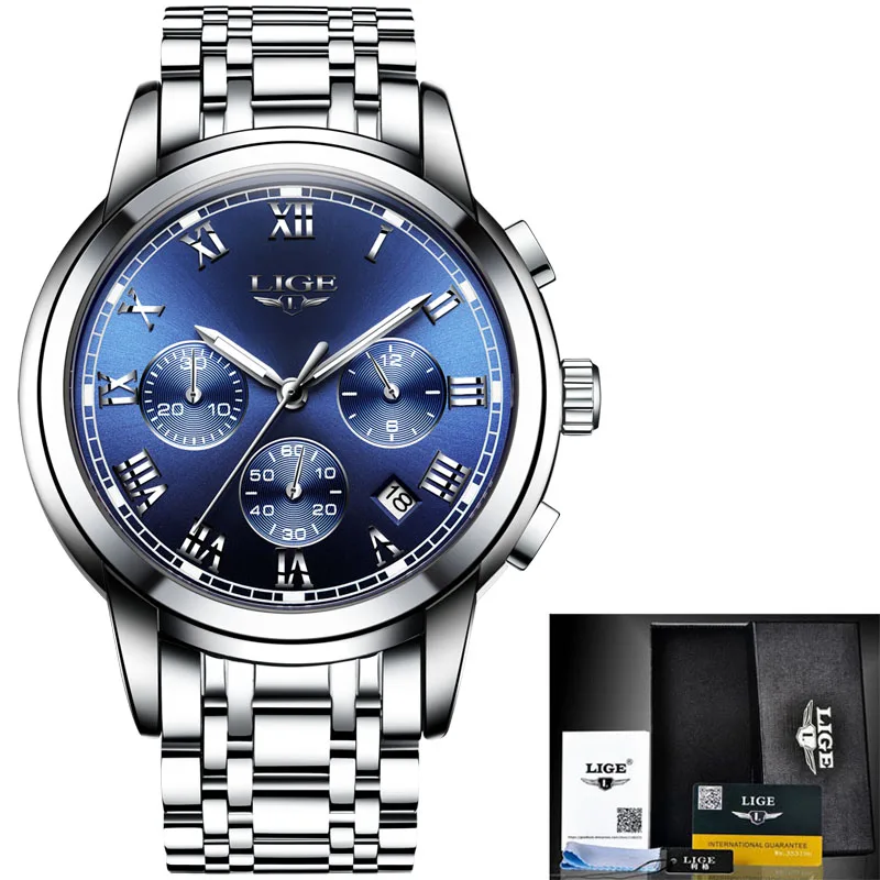 Новые часы Мужские люксовый бренд LIGE Хронограф Мужские спортивные часы водонепроницаемые полностью Стальные кварцевые мужские часы Relogio Masculino - Цвет: silver blue steel