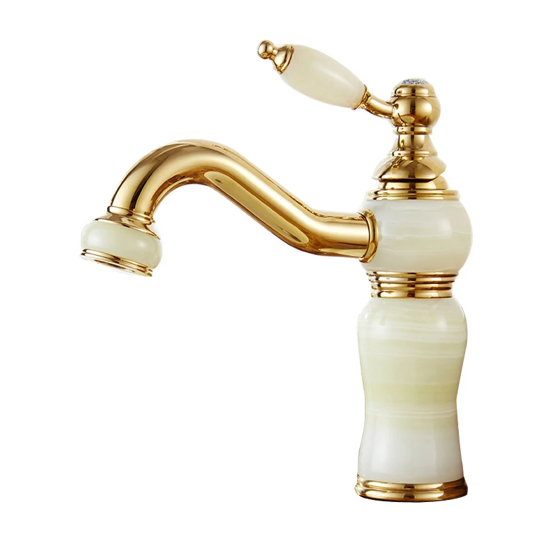 

Antique Copper solid Brass Gold - Plated Golden Basin Faucet with Marble Stone Single Handle Deck Mount for Hot and Cold Water