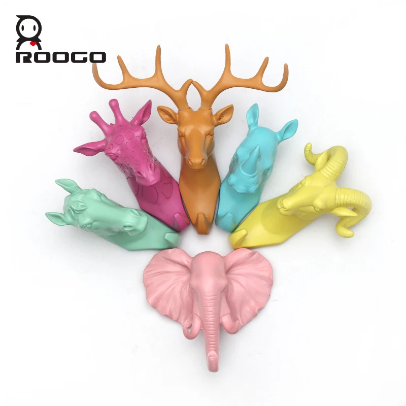 

Roogo Hanger Key Holder Wall Deer Head Indoor Room Decoration Wall Hook Macaron Annimal Wall Coat Rack Resin Home Decor