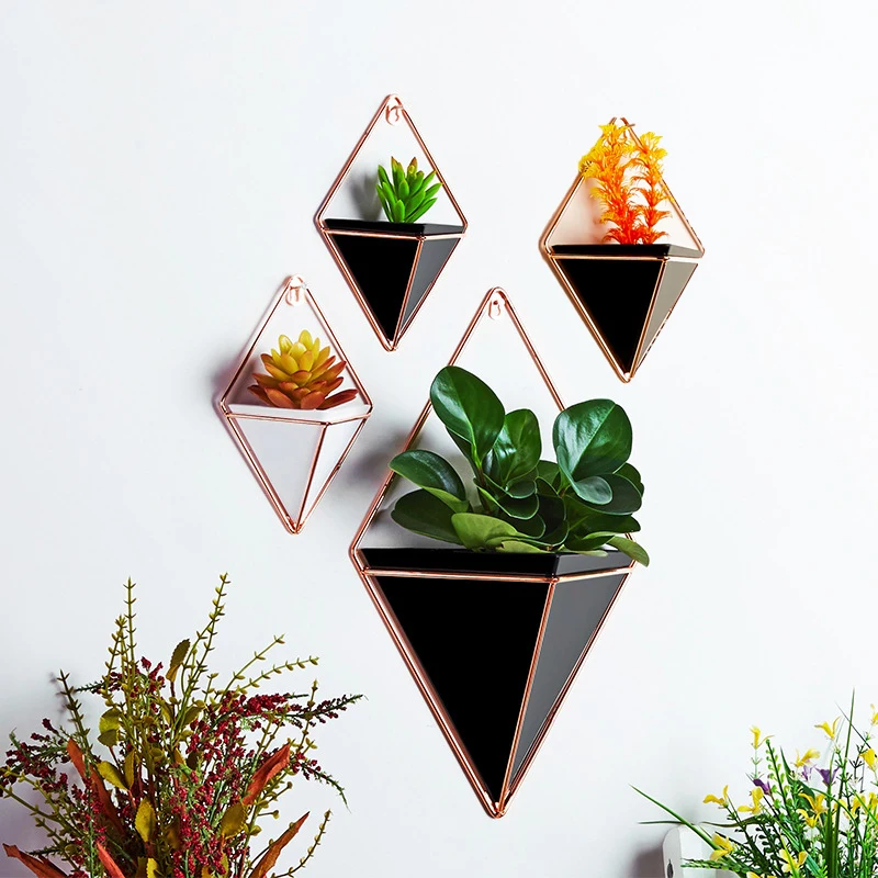 Acrylic flower Pot+ Iron Plant Holders Set Indoor Hanging Planter Geometric Vase Wall Decor Container Succulents Plant Pots