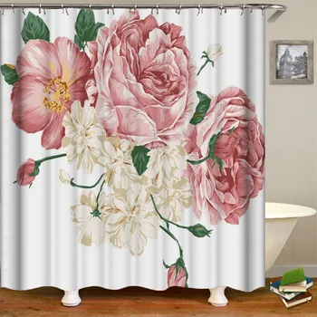 

Home Goods Beautiful Fabric Pink Floral Buds with Retro Effects Polyester Fabric Flowers Bathroom Set With Hooks Shower Curtain