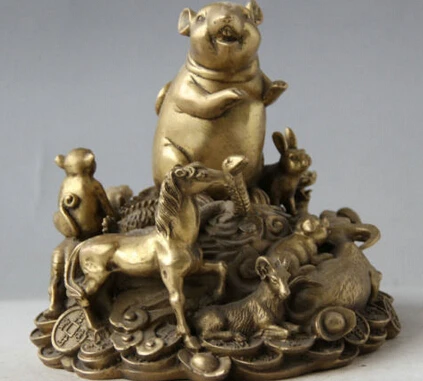 856++7&quot Chinese Brass 12 Zodiac Year Mouse Rat Mice Horse Tiger Pig Bull Statue Set | Дом и сад