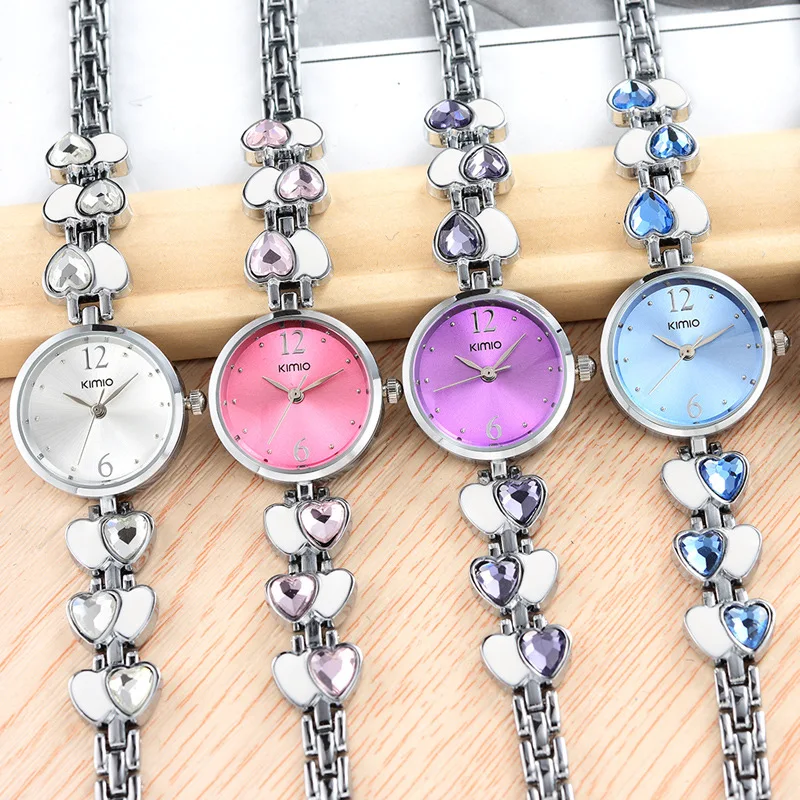 Kimio бренд relojes con diamantes Love Heart драгоценный камень тонкий ремешок наручные часы Аналоговые Круглый браслет часы для женщин Девушка