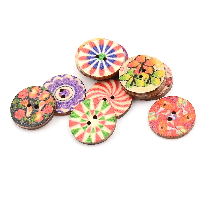 100PCS DIY Multicolor Classic Retro Disc Flower Picture Wood Button 2 Holes Mixed Color DIY Apparel Sewing