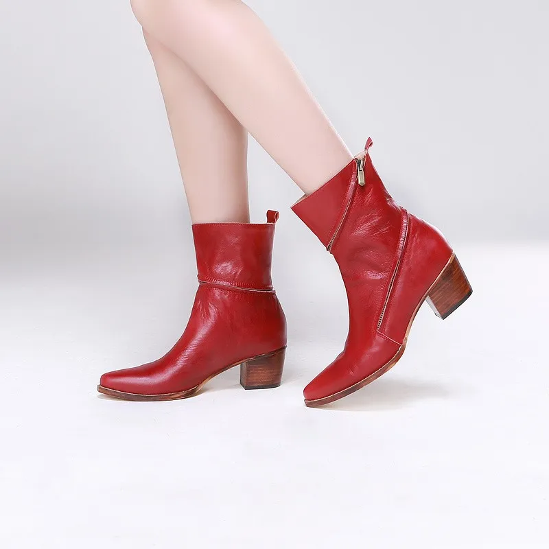 

Akamatsu Red Leather Retro Chunky Heels Western Cowboy Boots Spring Autumn Shoes Encircle Design Zipper Mid Calf Women Boots