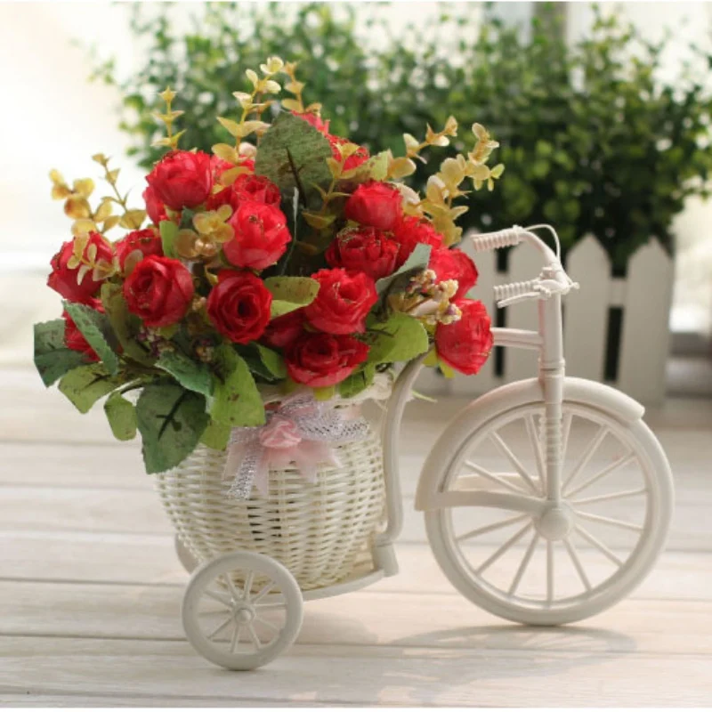 

Plastic White Tricycle Bike Design Flower Basket Container For Flower Plant Wedding Decoration macetas grandes para plantas