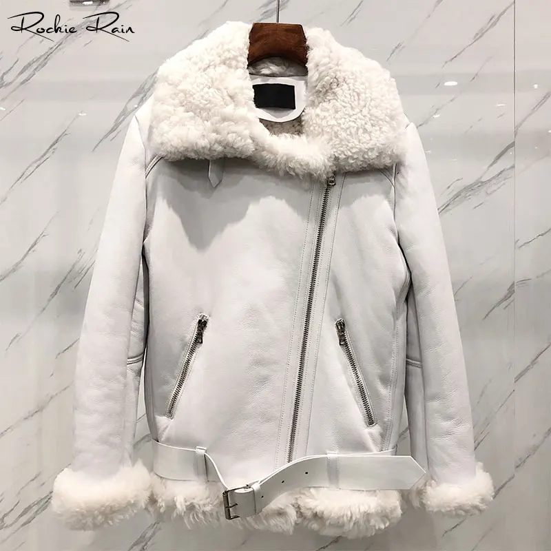 

Women Real Fur Coats Sheep Leather Shearling Jackets Lady's Fashion Long Sleeve Zipped Outerwear Fall Winter Warm Overcoat