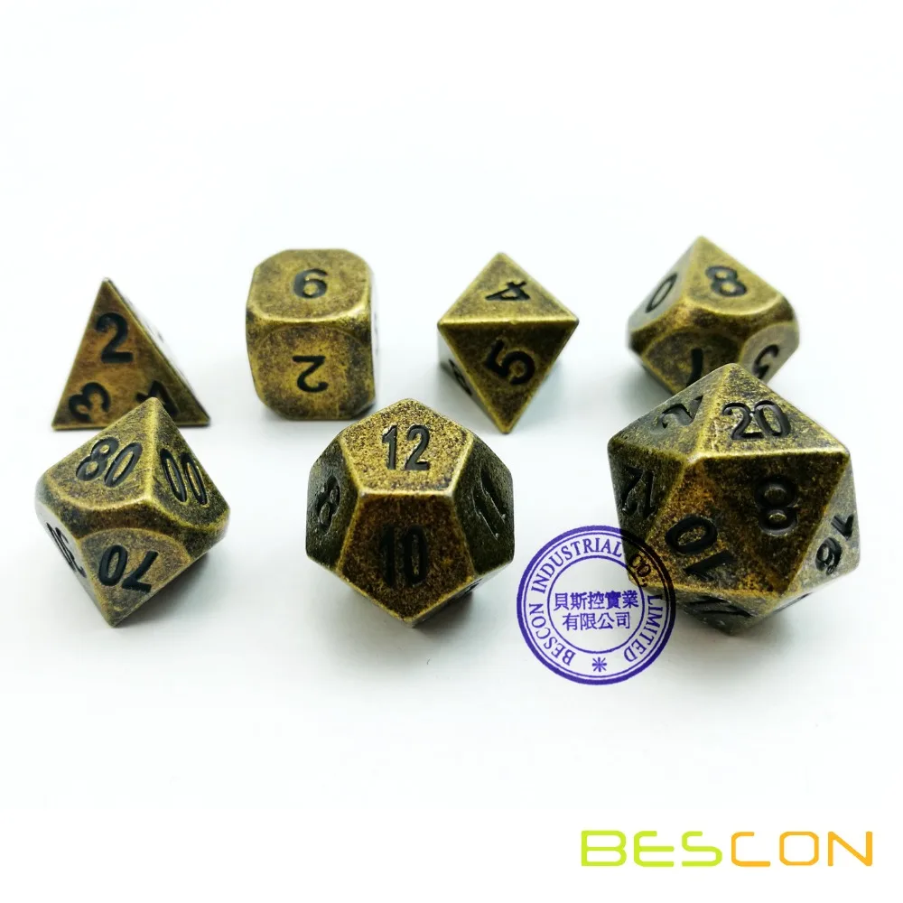 Bescon Ancient Brass Solid Metal Polyhedral D&D Dice Set of 7 Antique Copper Metal RPG Role Playing Game Dice 7pcs Set 4
