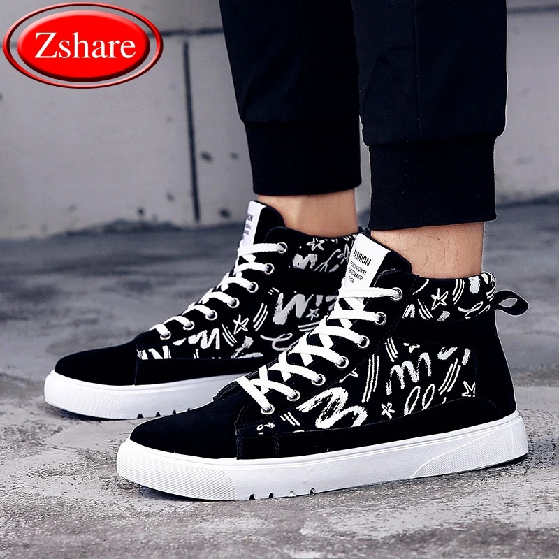 

Fashion Graffiti Men Casual Shoes Hip-hop High Help Men Shoes 2019 New Lace-Up Casual Ankle Boots Flock Flat Canvas Male Shoes