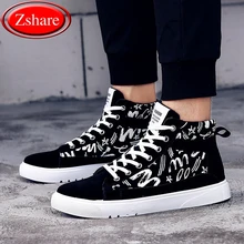 Fashion Graffiti Men Casual Shoes Hip-hop High Help Men Shoes 2019 New Lace-Up Casual Ankle Boots Flock Flat Canvas Male Shoes fashion hip hop graffiti canvas shoes rock women girls casual shoes 2018 new woman printed flat shoes