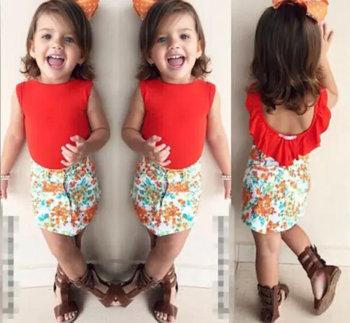 Toddler-Kids-Baby-Girls-Red-Ruffled-T-Shirt-Flower-Pencil-Skirt-2Pcs-Outfits-Set