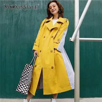 

GALCAUR Patchwork Striped Windbreaker Coat Female Long Sleeve Lace up Trench Overcoat Women Casual Clothes 2020 Autumn New