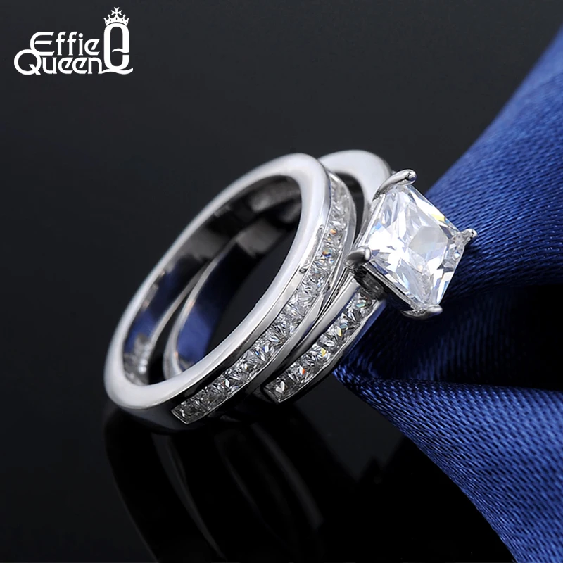 Effie Queen 2 Piece/Set Wedding Bands Finger Ring 0.8 ct Princess Cut Cubic Zircon Women Ring Set 3 Wearing Design Fashion DR28
