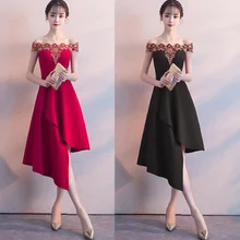 Красное вечернее платье средней длины, элегантное асимметричное платье, черные коктейльные платья, вечерние платья TS482