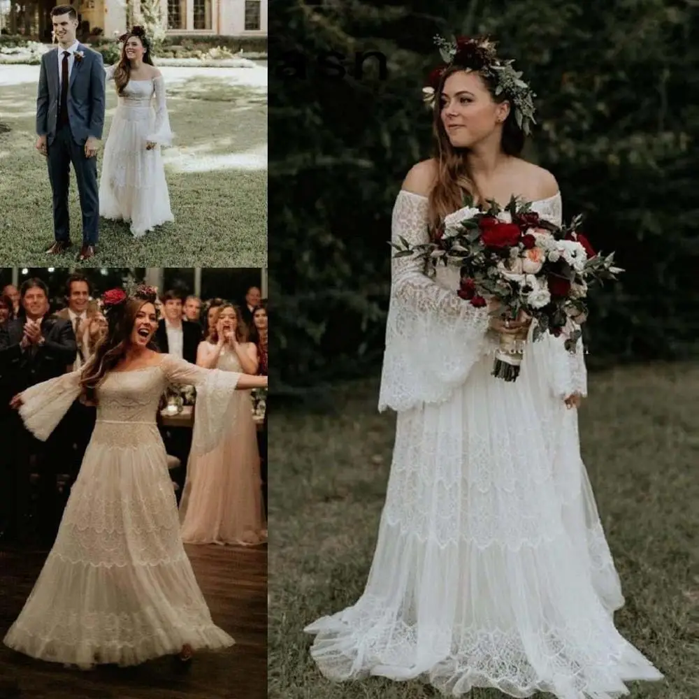 

2019 Lace Bohemian Wedding Dresses Western Country Garden Forest Off Shoulder Long Sleeve Bridal Gowns Plus Size
