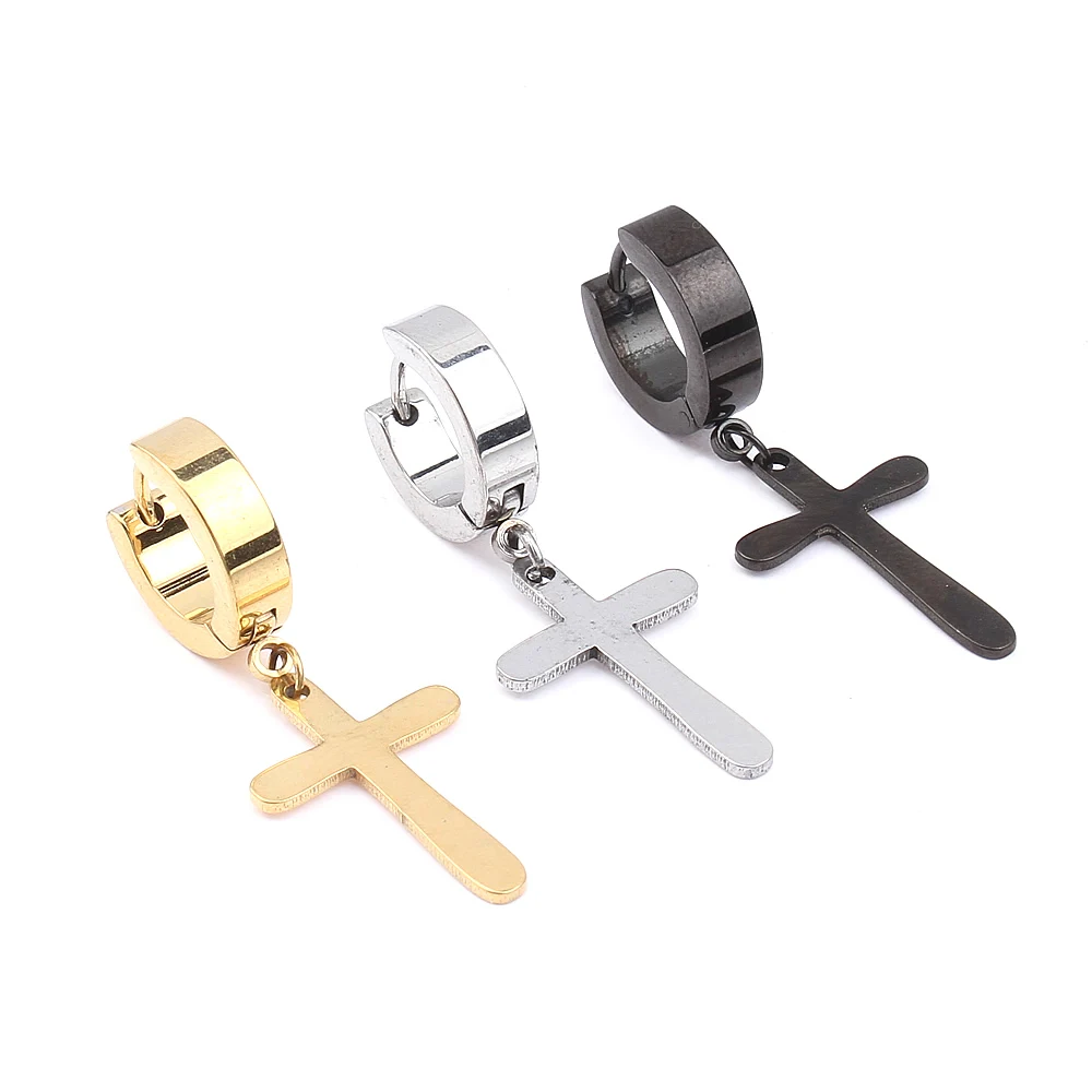 YYW 1 pz Acciaio Oro Nero-color Cross Charm Trendy Freddo uomini Dell'acciaio Inossidabile di Huggie Orecchino ad anello Per Gli Uomini Vestono trafitto orecchino