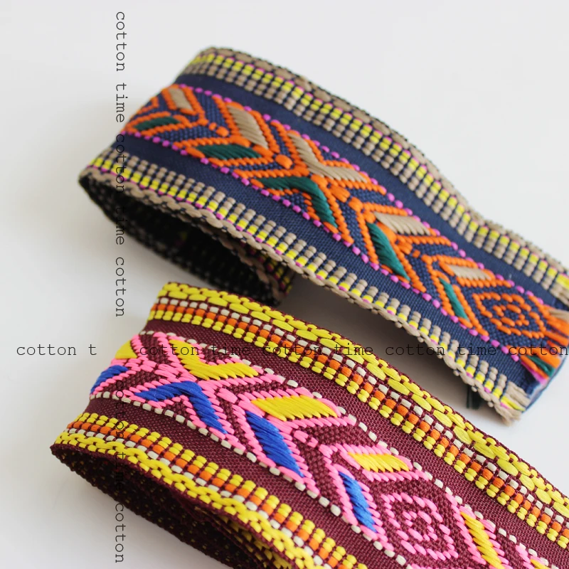 

4yards/lot 5cm Embroidery Trim Webbing Thick Ribbons Lace Double side use fabric band boho accessories gypsy bag straps