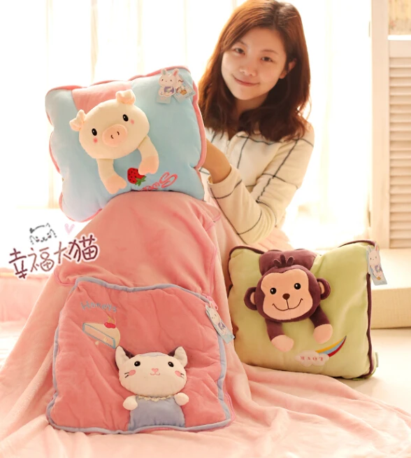 

Plush 1pc 110*160cm pig cat monkey rabbit soft coral velvet car air conditioning baby toy blanket cushion creative stuffed gift