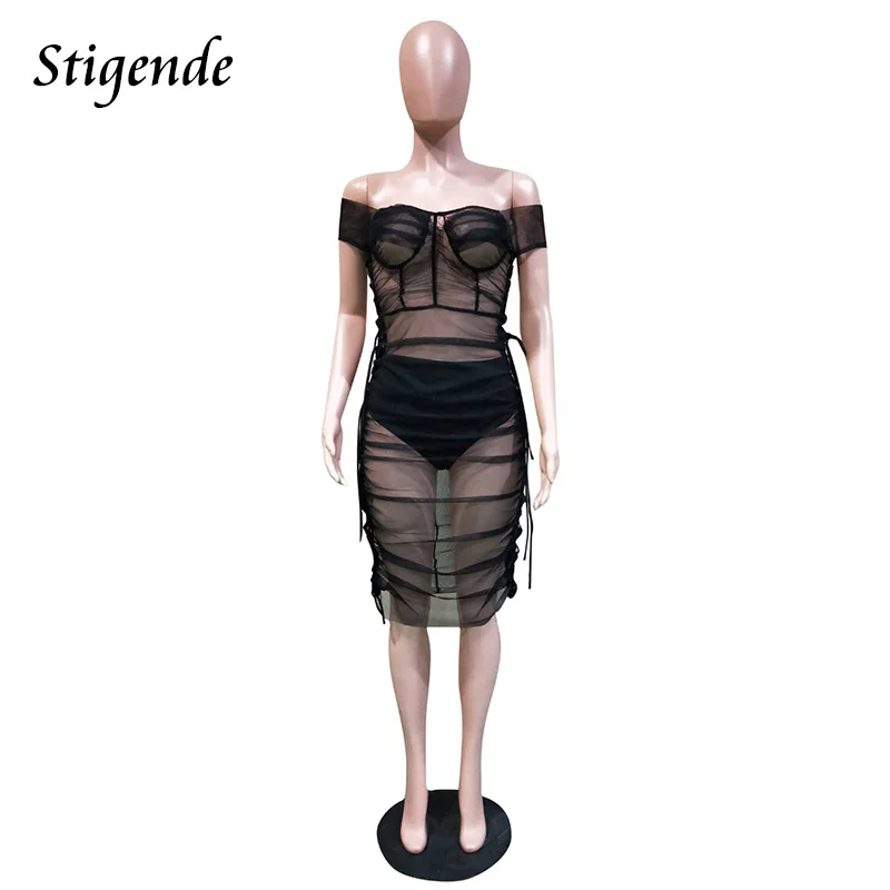 Stigende пикантные с открытыми плечами See Through сетки платье для вечерние короткий