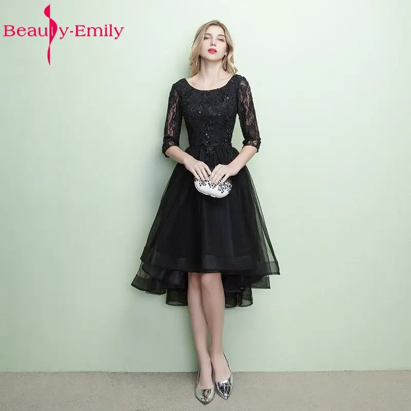 Асимметричное черное платье подружки невесты Beauty Emily 2017 кружевное с открытой