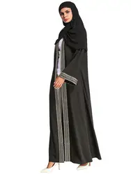 Исламская Длинные рукава Кардиган Дубай Открыть Абая пальто длинный черный цвет Повседневная аппликации с поясом без хиджаб 2018 осень 18048