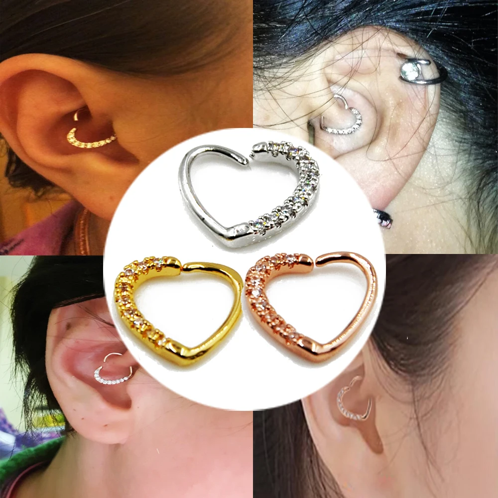 1Pcs Brass Heart Shape Crystal Ear Tragus Cartilage Earring Stud with