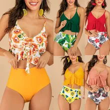 Гофрированное бикини с высокой талией, женское сексуальное лоскутное бикини с пуш-ап подкладкой, купальник, пляжная одежда, набор, stroje k pielowe damskie