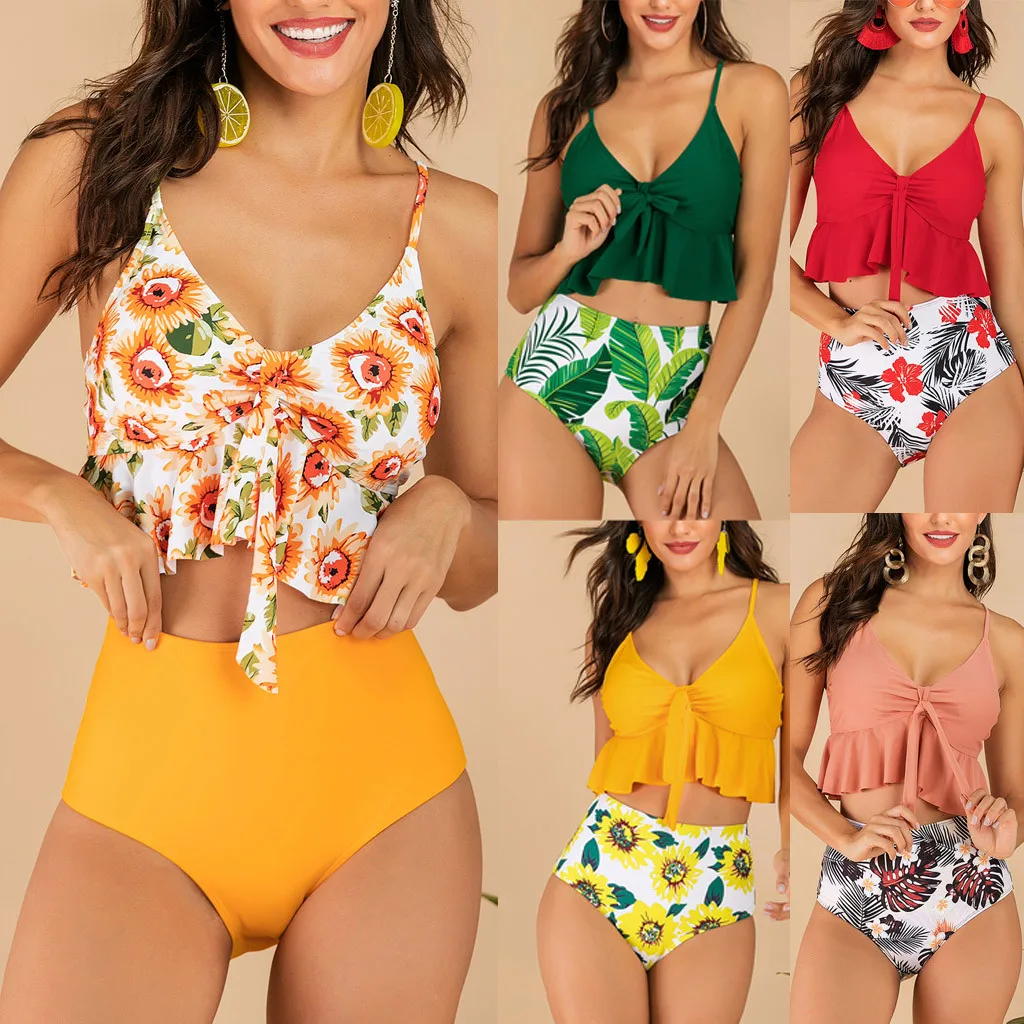 

Ruffled High Waist bikini Women Sexy Patchwork Bikini Push-Up Pad Swimwear Swimsuit Beachwear Set stroje k pielowe damskie 2019