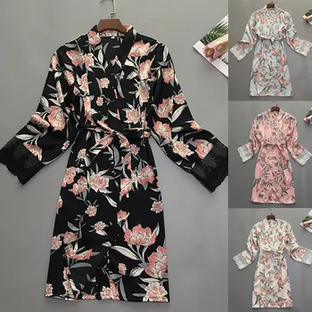 

floral pajamas for women bathrobe sexy Women Sexy Satin Fashion Print Lace Pajamas Sleepwear Robe Long Sleeve#g20