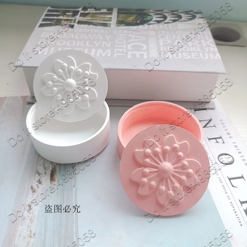 Round Jewelry Box Plaster Gypsum Silicone Mold Sakura Flower Storage Box Concrete Molds Cement Clay Craft Mould