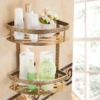 

New Arrival Fashion Antique Space Aluminum Bathroom Shelf Double Layer Corner Shelf Basket Carved Three Feet Shelves Hot Selling