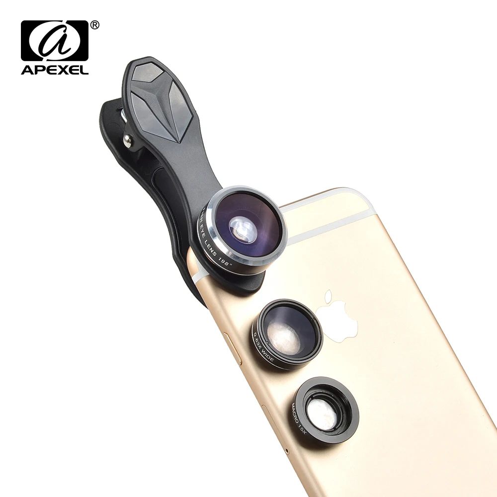 APEXEL fisheye 3in1 объектив камеры Kit 198 Fisheye + 0.63x Широкий формат и 15X макрообъектив для iPhone