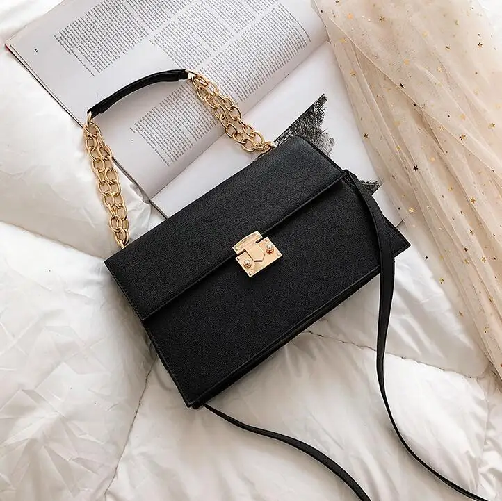 Роскошная брендовая сумка, модная Новая высококачественная женская сумка из искусственной кожи, большая сумка-тоут с замком и цепочкой, сумки через плечо - Цвет: Черный