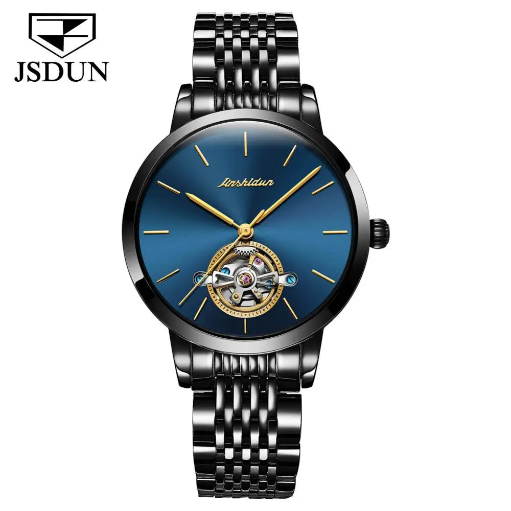 JSDUN, автоматические женские часы с турбийоном, часы со скелетом, под платье, Топ бренд, известные механические часы, водонепроницаемые, Reloj Mujer, новинка - Цвет: Steel Blue