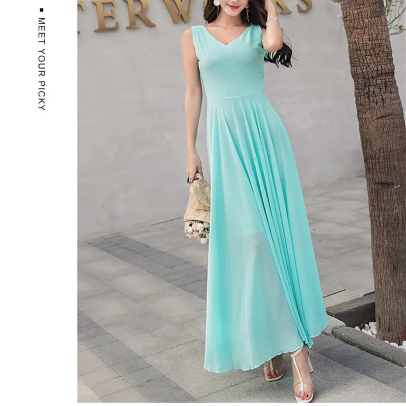 2019 New Summer Beach Dress Women's Fashion Sleeveless V-Beck Red Blue Long Dress Elegant Robes Women's Plus Size 5XL (18)
