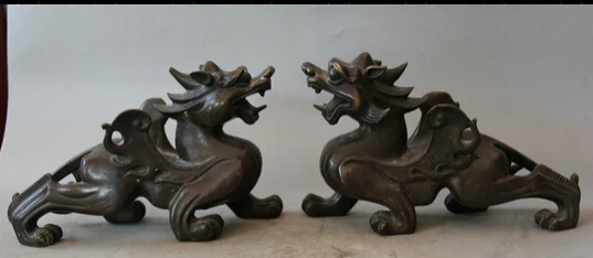 

JP S0524 8" Chinese Bronze Folk animal fly Pi Xiu Unicorn Beast sculpture Statue Pair